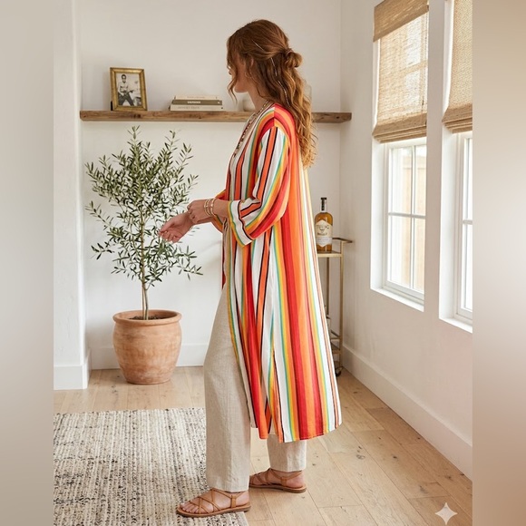 Express Multi-Color Striped Longline Kimono Duster Cardigan Boho Chic M/L - Picture 2 of 10